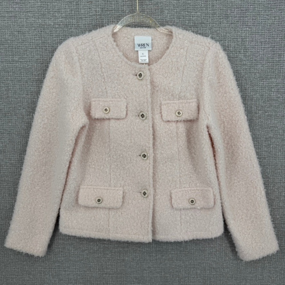 Wren New York Boucle Jacket Women Sz S Pink Textured Cozy Button Front Coquette
